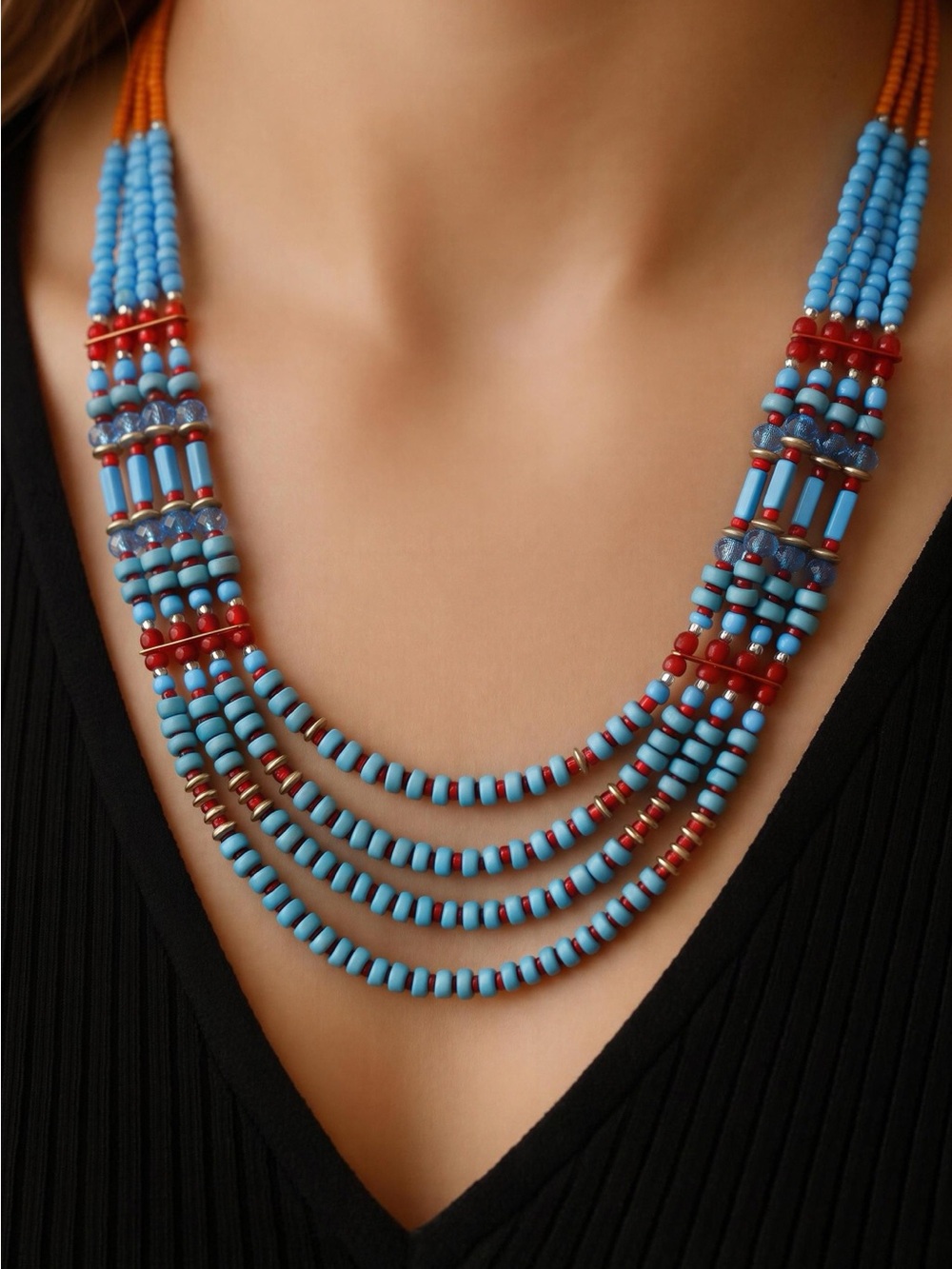Fashion Jewelry Blue and Red Multi-Strand Bead Necklace